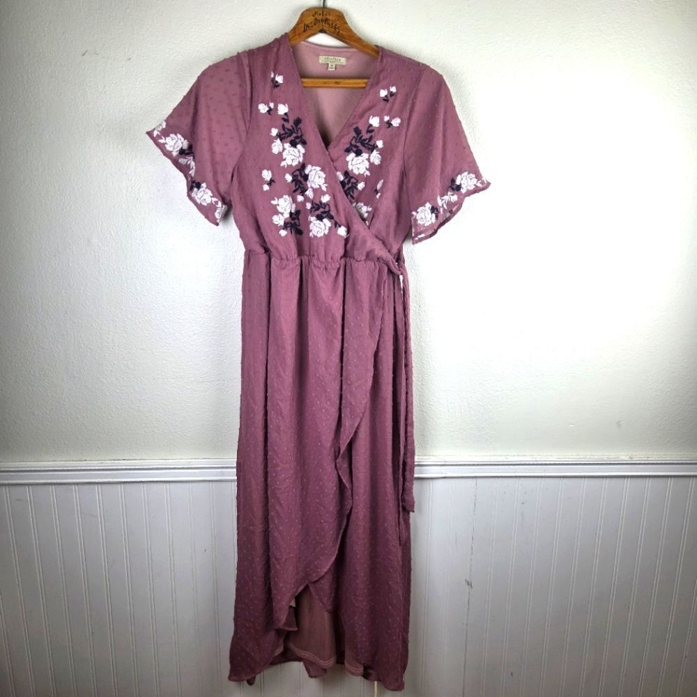 Polagram Women's Medium Pink Embroidered Boho Midi Dress Floral Polka Dot